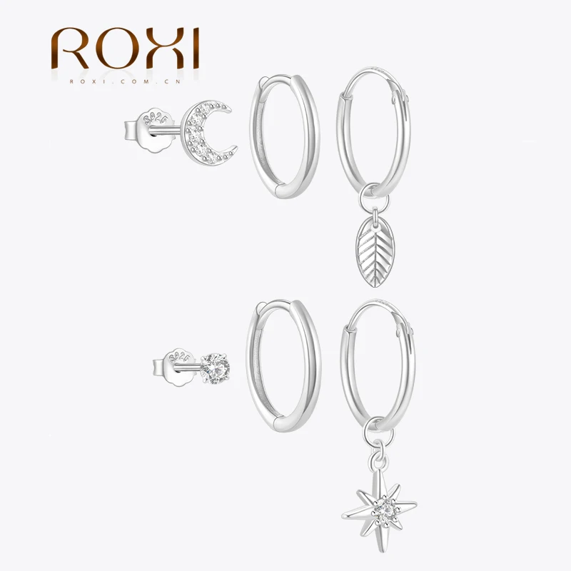 ROXI 925 Sterling Silver Summer 3 Piece Sun Star/leaves Drop Piercing Earrings Set For Women Party Travel Silver Plate Jewelry