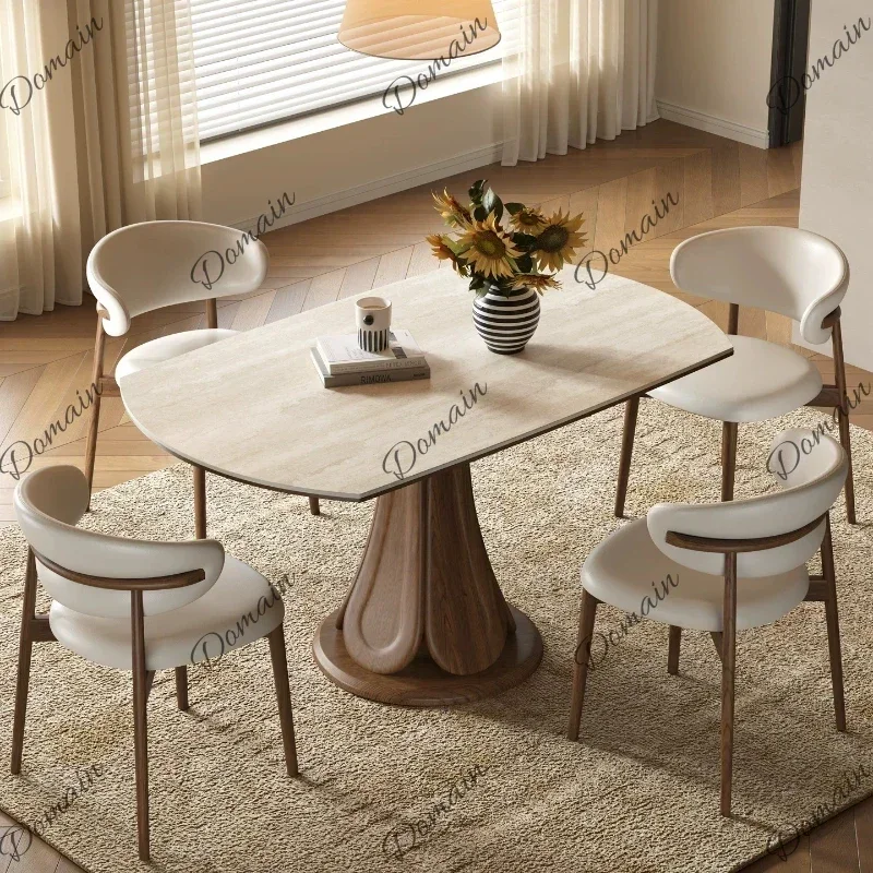 XM Modern Simple Rock Slab Retractable Dining Table Set Of 6 Chairs Luxury Folding Round Solid Wood Tables Kitcjen Pliante Desk