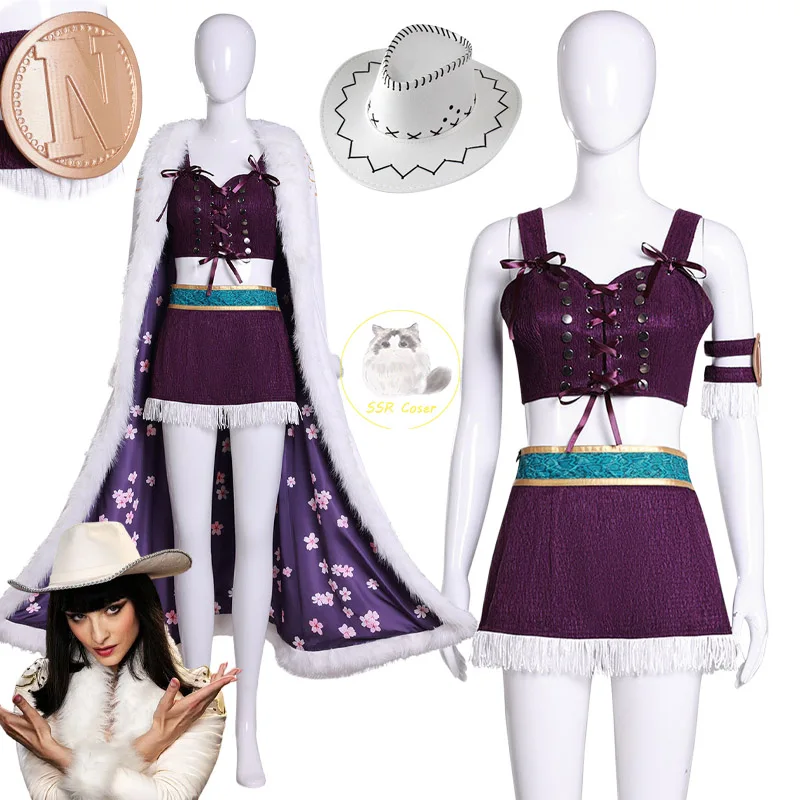 

Anime Nico Robin Cosplay Costumes Hat Robin White Cape Cloak Uniform Outfit Purple Bra Skirt Halloween Clothes for Women