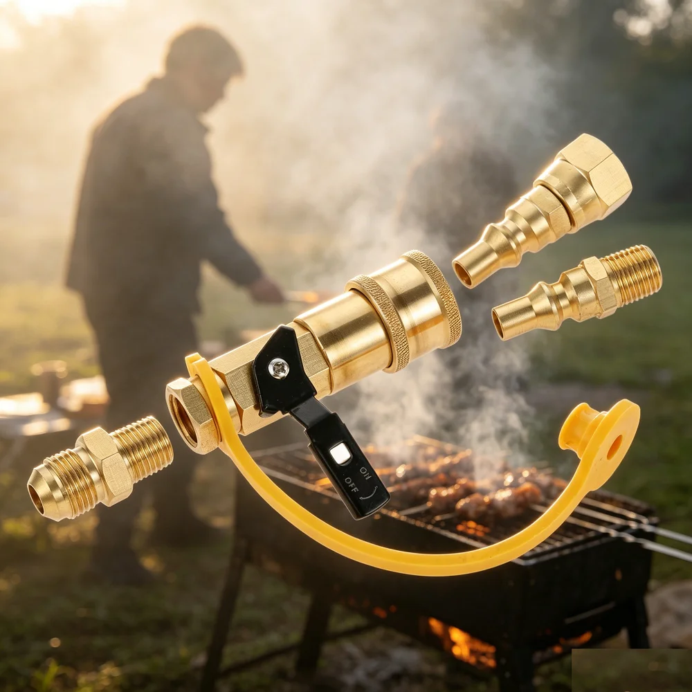 4pcs/1set 1/4inch RV Quick Connect Propane Adapter Shutoff Valve Kit Full Flow Plug 3/8incch Male Flare Fitting to Quick-Release