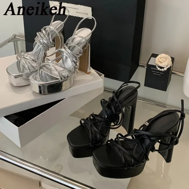 Aneikeh Summer PU Slippers Sexy Sandals Party Cross-Tied Butterfly-Knot Thin Heels Platform Rome Sandals Women Shoes Fashion