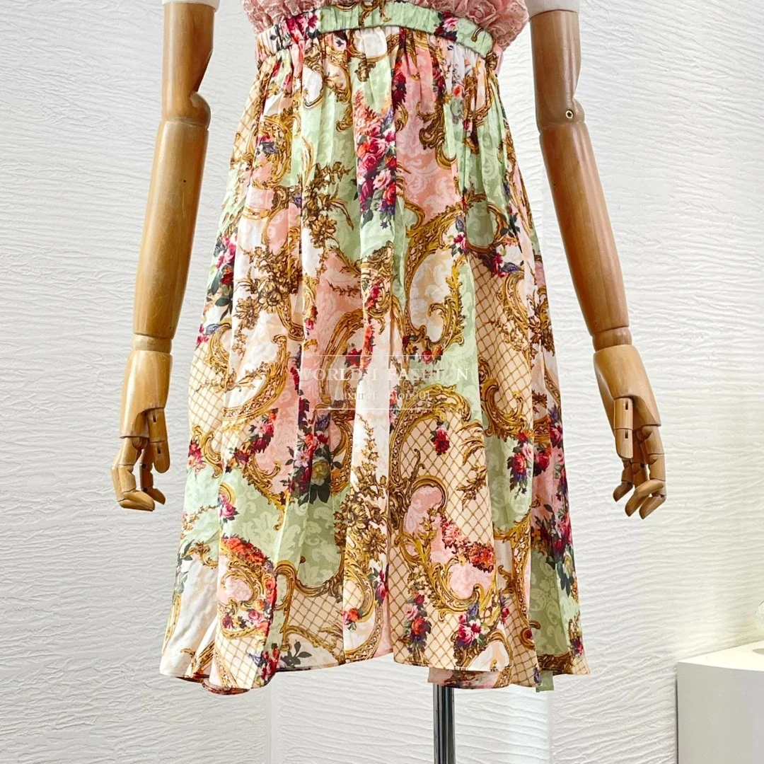 

Pink Green Floral Print Sleeveless Lace Backless Mini Dress 2025 New Design