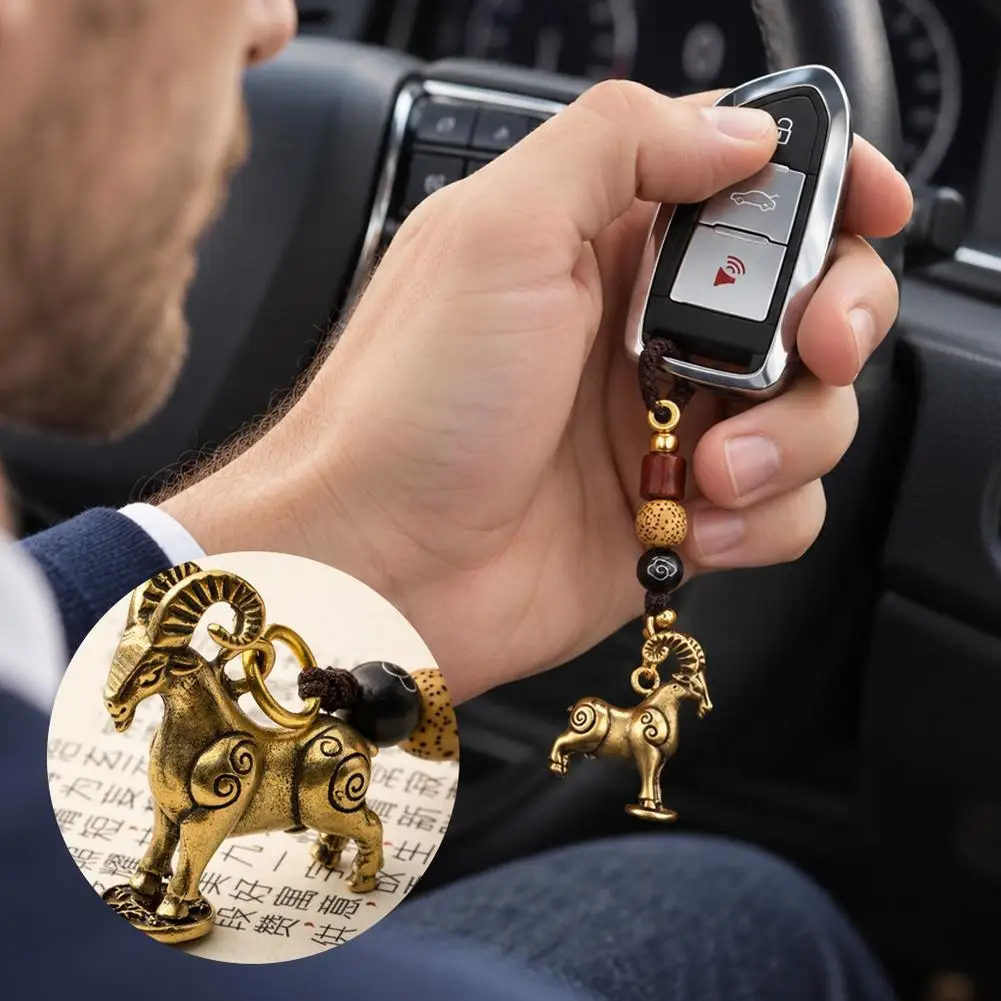 Brass Ram Keychain Chinese Zodiac Pendant with Wooden Beads Hand Woven Rope Loop for Car Keys Bag Decor