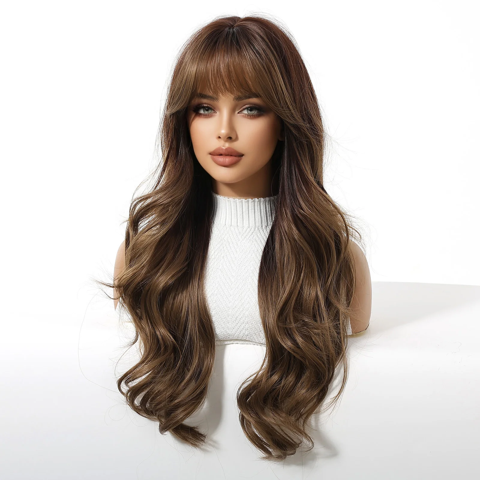 ALAN EATON Long Dark Brown Synthetic Wig Natural Wavy Wig with Bangs for Women Use Daily Cosplay Party Heat Resistant Fiber