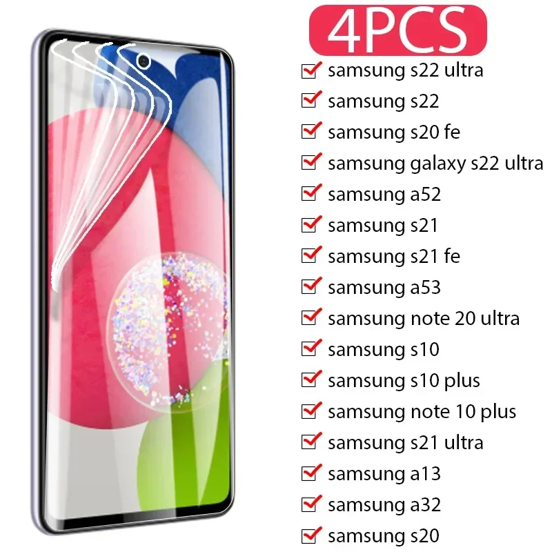 

4Pcs Hydrogel Film on Samsung Galaxy Note 20 Ultra S23 S22 S21 FE A53 A33 A13 A71 A52 Screen Protector on Samsung S8 S9 S10