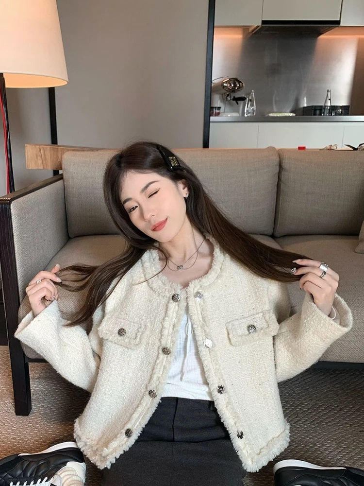 

Тонкий элегантный милый твидовый жакет, женское винтажное осеннее пальто с длинными рукавами, французское повседневное пальто с круглым вырезом, небольшой аромат, женская новая верхняя одежда, топы