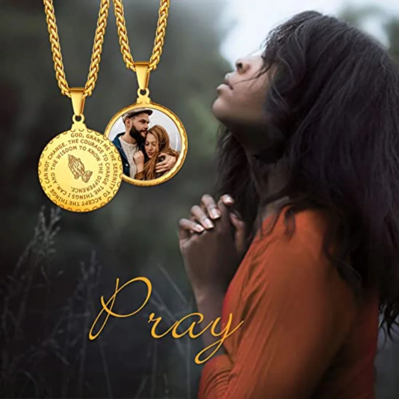 Personalized Custom Pictures Lords Prayer Bible Prayer Necklace with Praying Hands Pendant for Men Women Courage Wisdom Jewelry