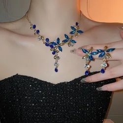 Inlaid Rhinestone Flower Tassel Earrings Necklace Two-piece Set Elegant Collarbone Chain Mesh New Dainty Blue Accessories