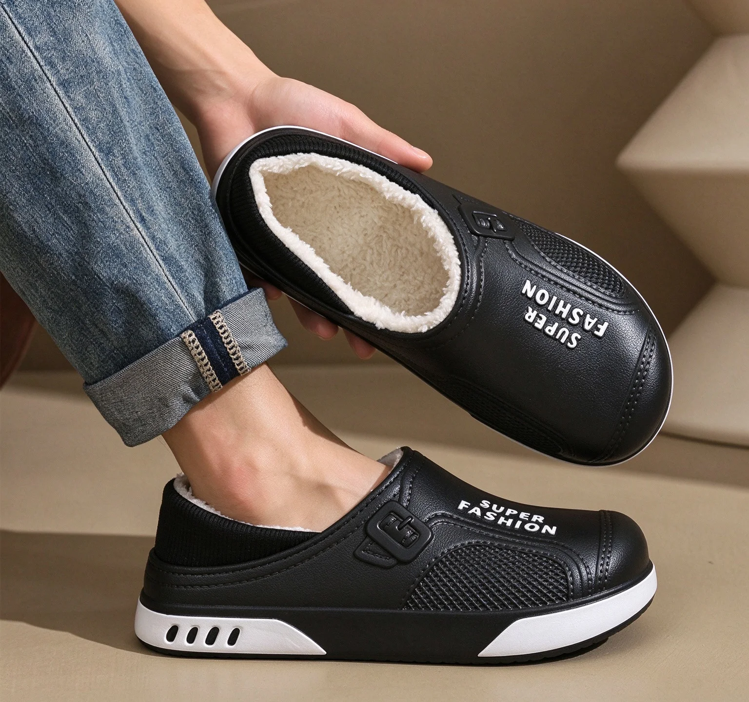 Winter Eva Waterproof Warm Plush Home Slippers Men's Fashion Stripe Soft Bottom Fleece Sports Shoes Casual Non Slip Cotton Clogs
