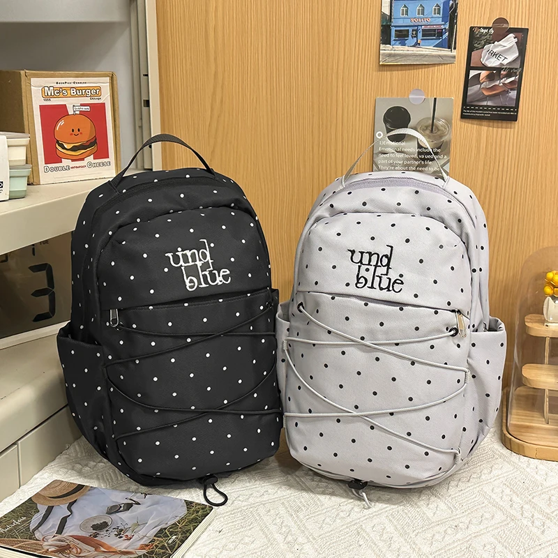 

Polka Dot Campus Backpack Korean, Drawstring Expandable Travel Pack, Top Handle Commute Waterproof Lightweight Sports Bag