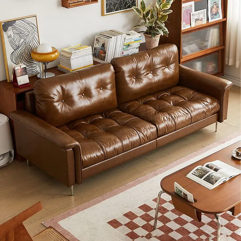Vintage Waxed Top‑Grain Leather Sofa, Tufted Design Solid Wood Frame Multi‑Size Retro Couch for Living Room Home Furniture
