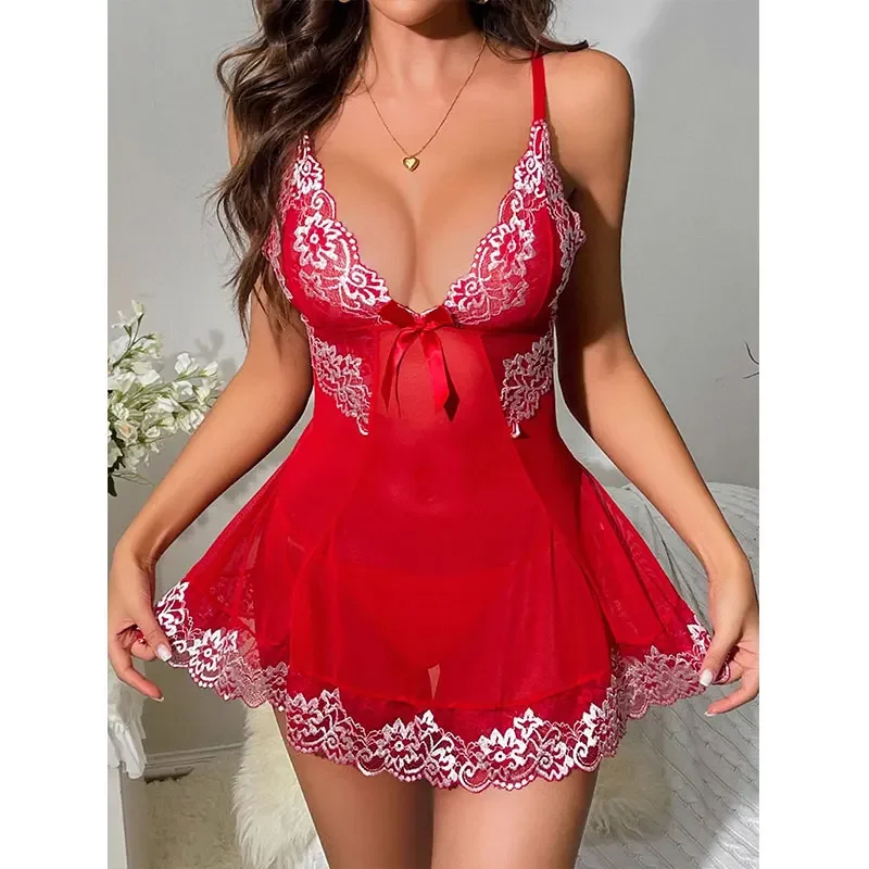 Chemise de nuit transparente à fleurs en dentelle pour femmes, robe licou, document solide, pyjama en V profond, chemise de nuit sexy, vêtements de nuit d'été Babydoll