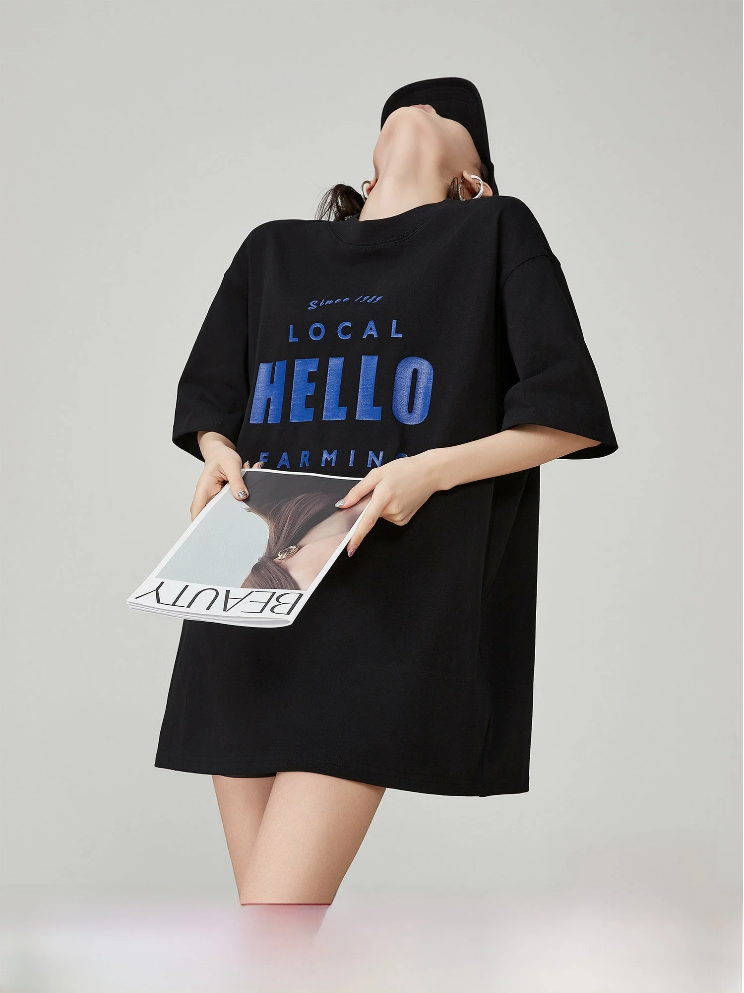 

Loose Fit Women's Bla Printed T-irt ort Sve Summer 2025 New Sle Korean Lazy Long Top Polyester Fiber round Ne