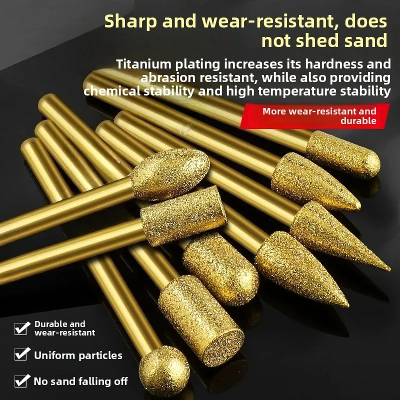 Titanium Plated Emery Grinding Head 3mm Small Diamond Grinding Head Super Hard Metal Jade Polishing Tool Electric Grinding Head