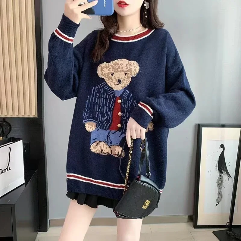 Spring Autumn Womens Pullover Sweater Cartoon Print Knitted Vest Women Sleeve Korean Fashion Loose Jacket Streetwear Retro Grace