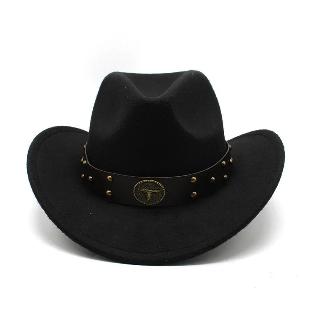 Unisex Cowboy Hats Western Caps For Women And Men Woolen 57-58cm Wide Straps Rivet Decoration Curved Brim Jazz NZ0080