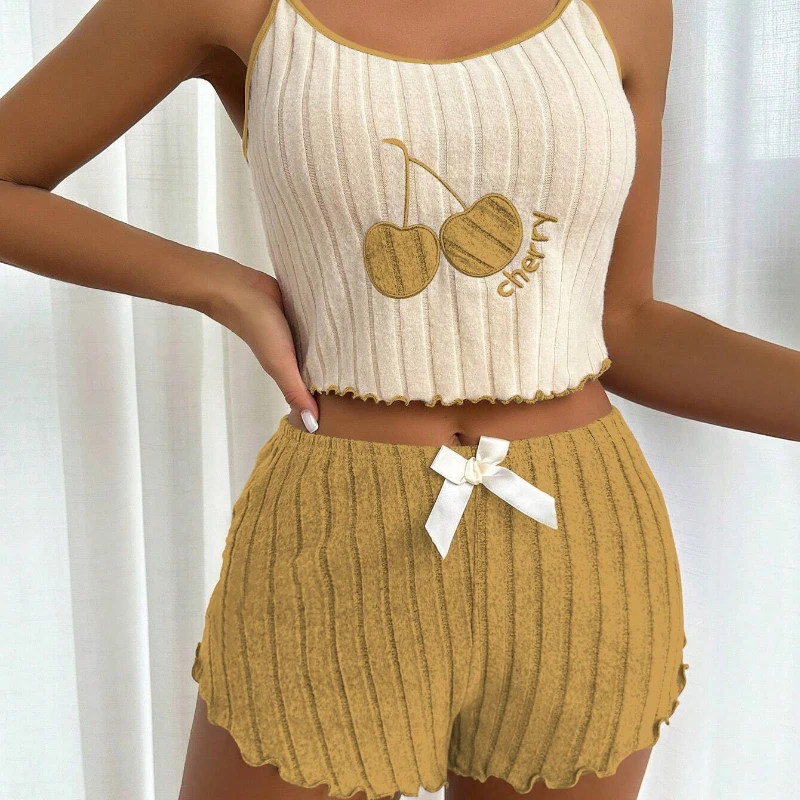 2 pièces ensembles femmes tenues pyjamas pour femmes poilu jarretelle gilet ensemble short et haut vêtements de maison été nouveau 2025 décontracté pyjamas ensemble