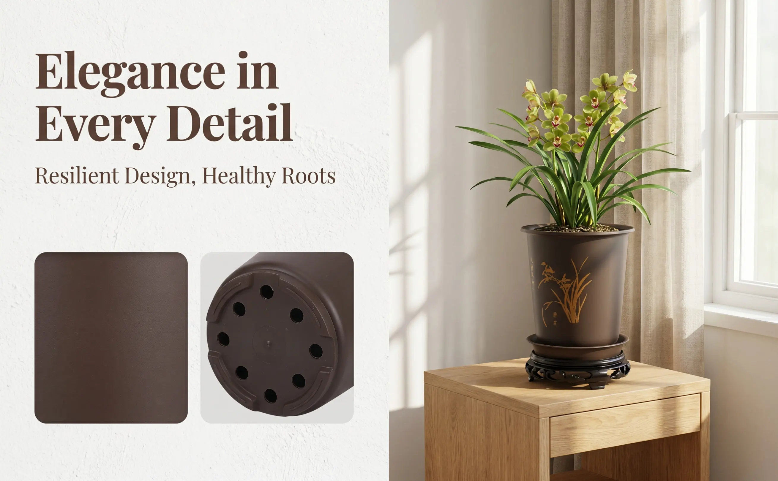 1Set Orchid Flowerpots with Tray ABS Plastic Rounded Plant Pots for Indoor Balcony Office Gardening Bonsai Succulent Nursery