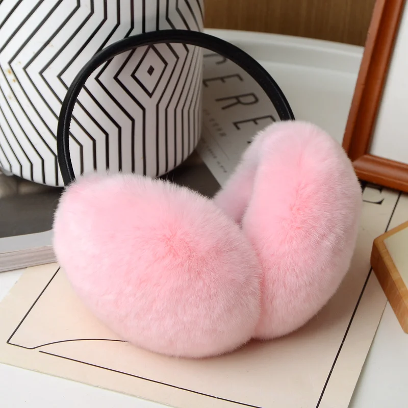 1PC Solid Color 100% Rex Rabbit Fur Earmuffs Soft Plush Ear Warmer Winter Warm Ear Cover Outdoor Cold Ear-Muffs Fur Earflap