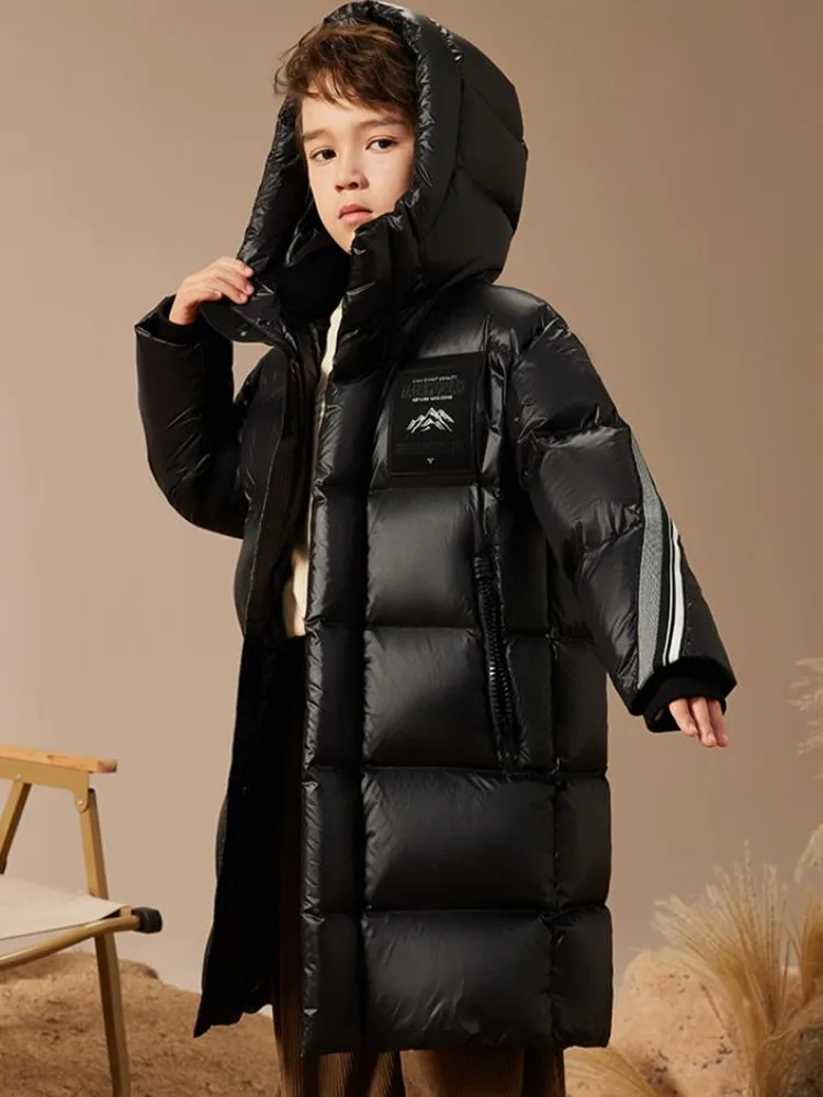 High-End-Down-Mantel für Kinder, lange Kapuzen-Oberbekleidung, Winter, für Jungen und Mädchen, winddicht, wasserdicht, warm, Daunenjacke A4162 – Detail 9
