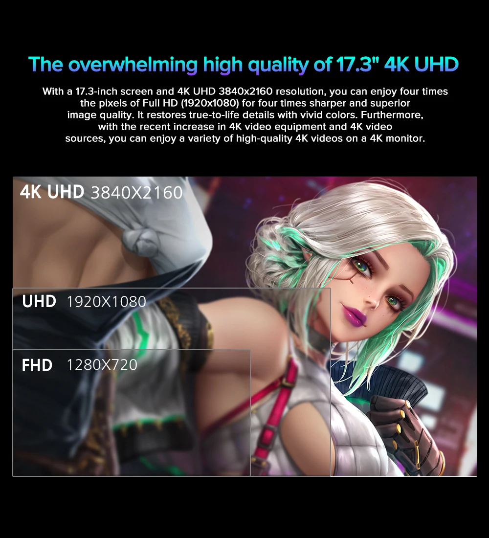 شاشة UPERFECT UColor J5 المحمولة بدقة 4K مقاس 17.3 بوصة، تدعم تقنية Adobe RGB UHD وتقنية FreeSync HDR مع مكبرات صوت وشاشة سفر للعناية بالعين لأجهزة PS5/4 وسطح المكتب والكمبيوتر المحمول والهاتف