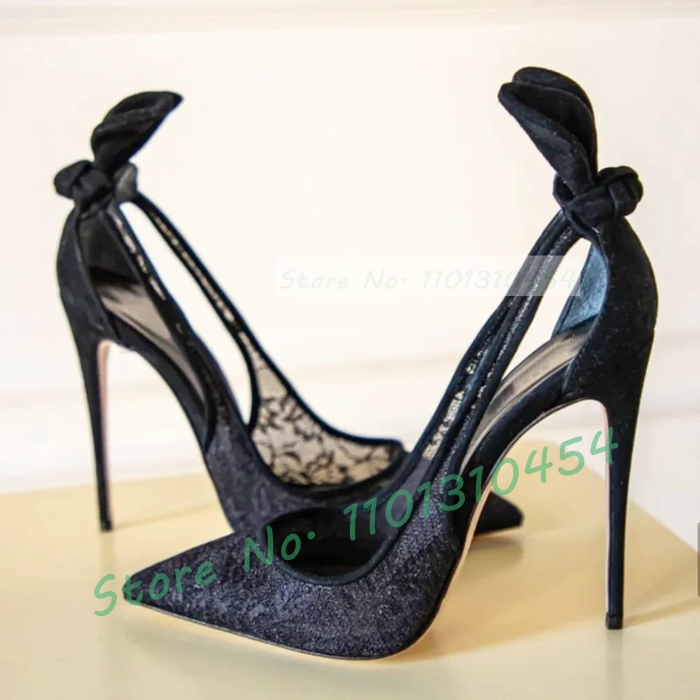 

Sexy Black Lace Slingback Pumps Women Pointy Toe Back Bowtie Custom Middle Heels Shoes Luxury Office Ladies Party Mesh Pumps
