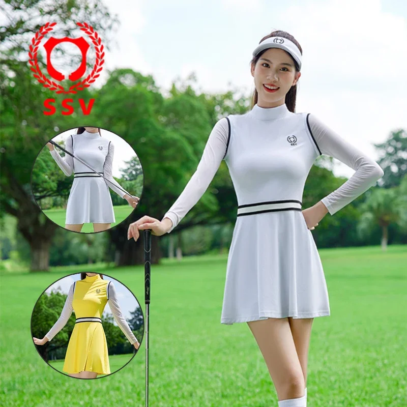 SSV Spring Summer Women Full Sleeve Golf Dress Ladies Ice Silk Cool Golf Dresses Elegant Slim Sports Skirts Patchwork Clothes