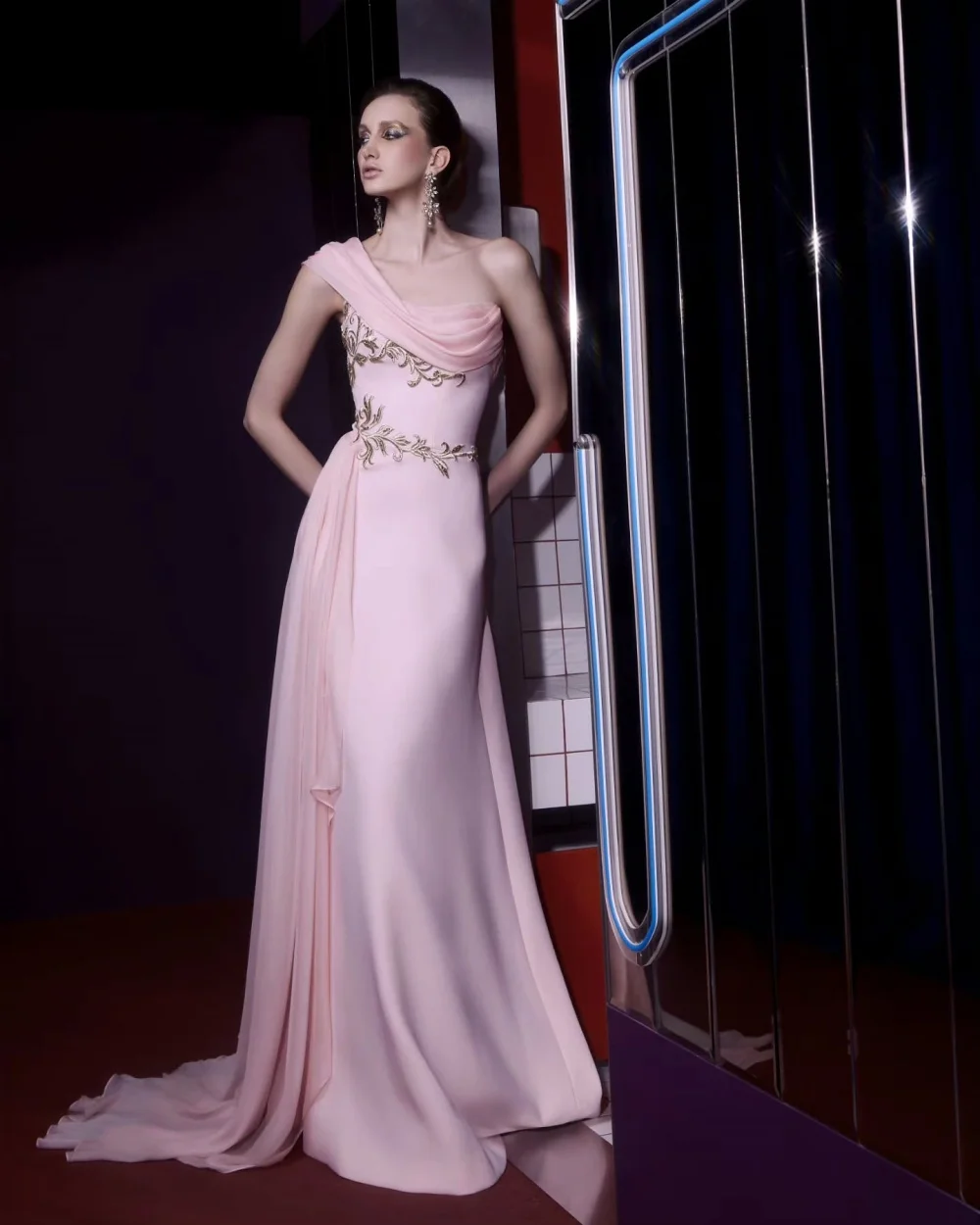 

Customized Classic Women Jersey Applique Ruched Straight Evening Dresses Simple Off-the-shoulder Sleeveless Long Prom Dresses
