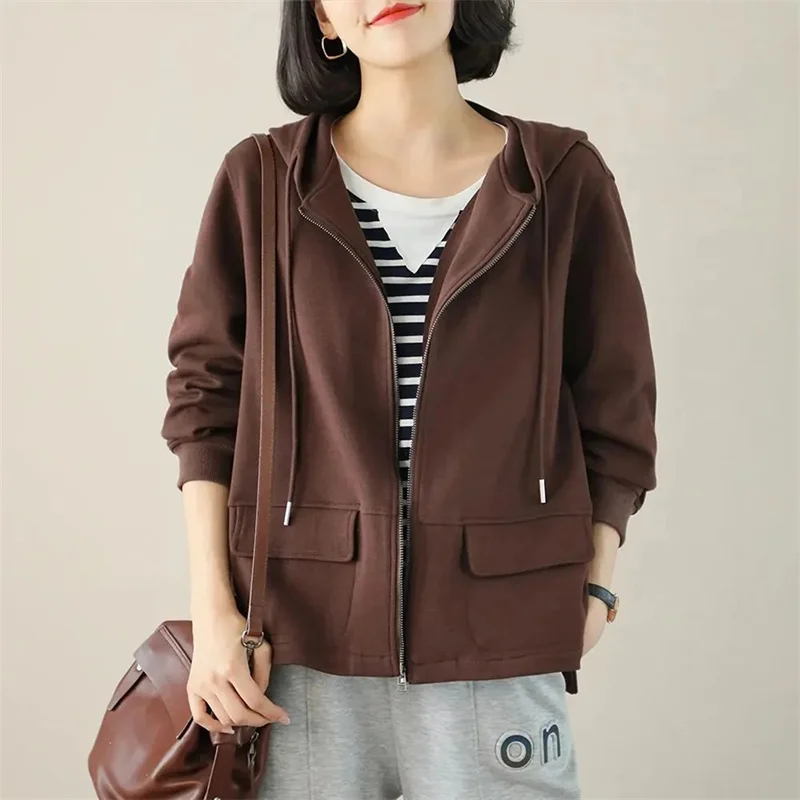 2022 New Spring Autumn Korean Loose Hooded Jacket Cardigan Solid Color Women's Jacket Black Sweatershirt Women Zipper Blouser