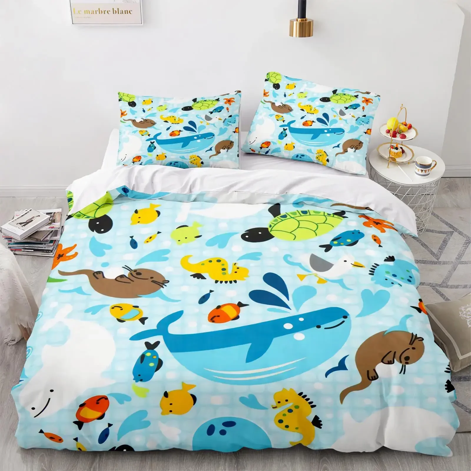 Cartoon Octopus Bedding Set King/Queen Size,Ocean Underwater World Duvet Cover Kids Sea Coral Fish 2/3pcs Polyester Quilt Cover