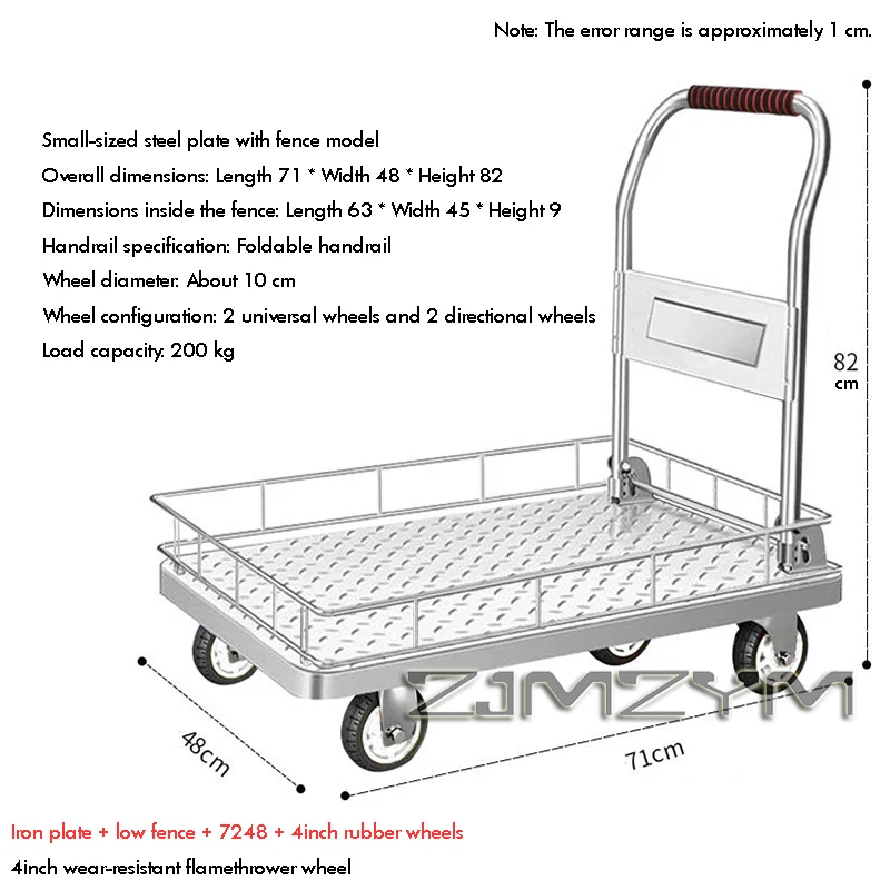1Pc Raised Flatbed Cart With Guardrail Folding Trolley Silent Pull Goods Guardrail Truck