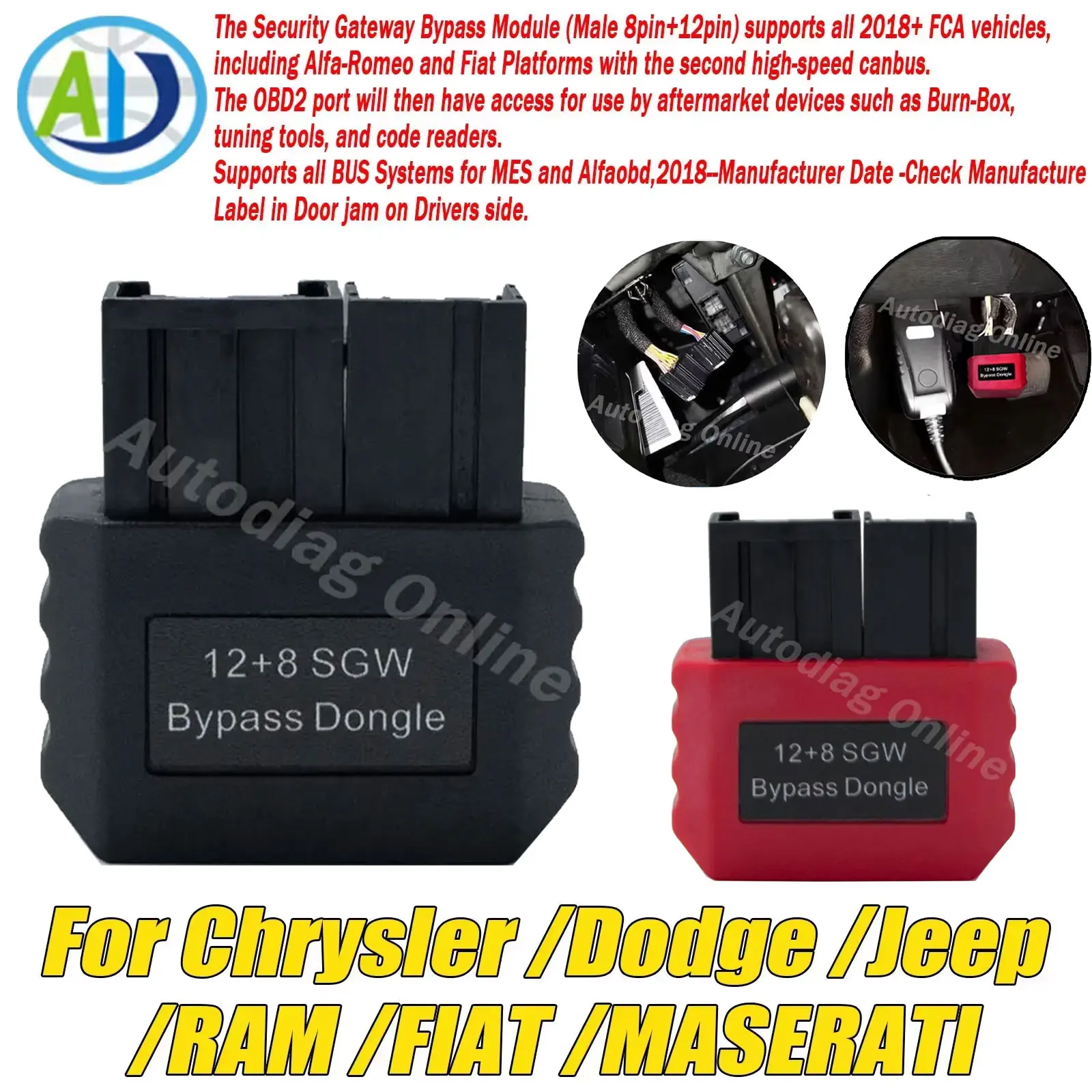 

12+8 SGW Bypass Dongle For FCA OBD2 Diagnostic Adapter For Chrysler/Dodge/Jeep/RAM/FIAT/MASERATI OBDII Security Gateway Adapter
