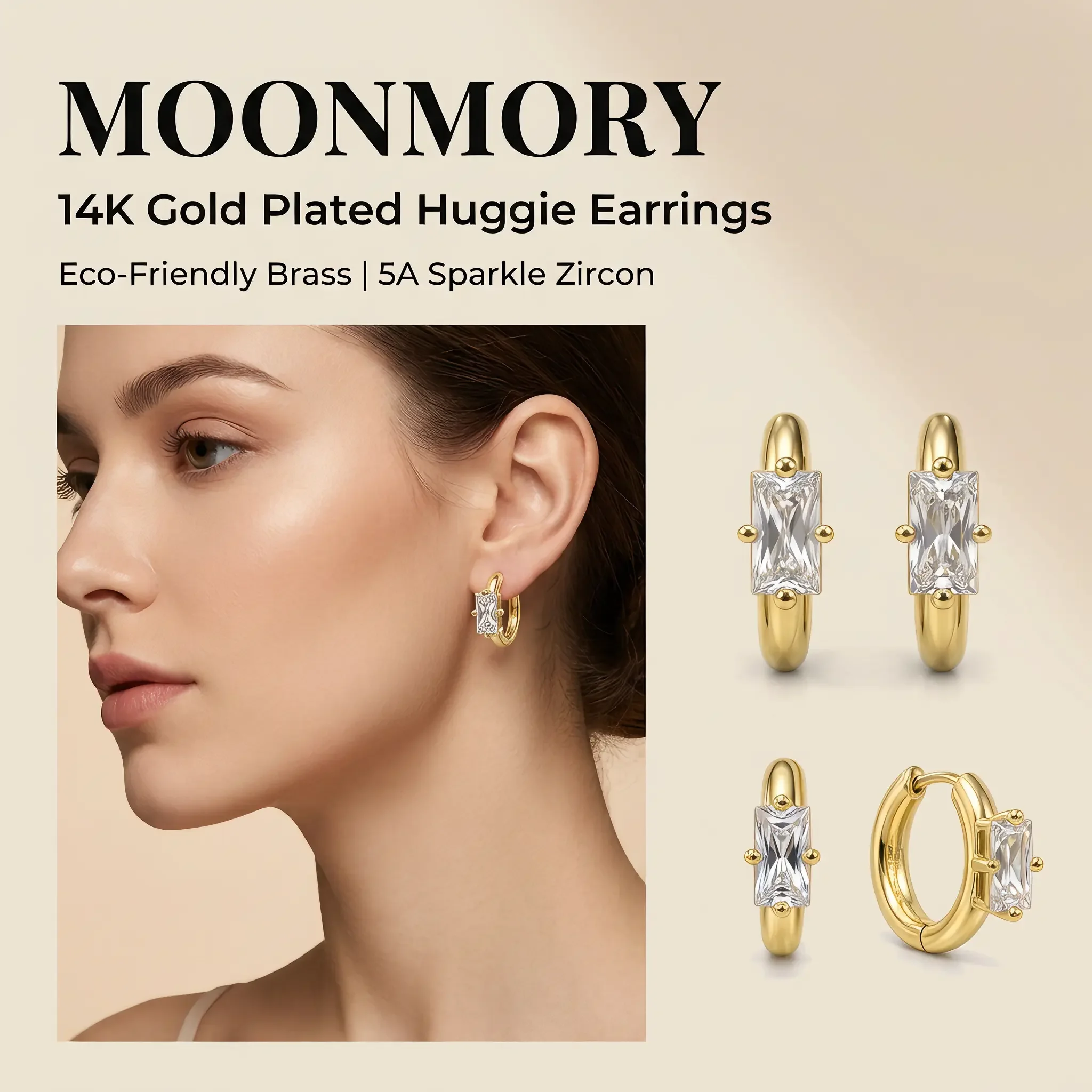 Moonmory Original Design Schmuck Minimalistische Rechteckige Huggie-Ohrringe für Damen 5A Messing 14K Doppel-Goldplattierung Geschenk-Ohrringe – Detail 1