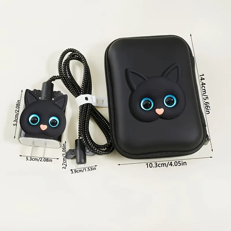 Cute Black Cat Pattern Storage Bag Earphone Bag Charger Cover For IPhone 12 13 14 15 18W-20W Charger Charging Cable Storage Box