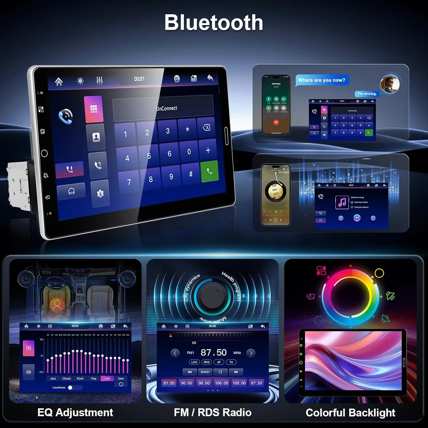 10.1인치 수직 회전형 카 스테레오 (무선 카플레이 & 안드로이드 오토, 블루투스, GPS, FM/RDS, USB/AUX, 후방 카메라 포함)