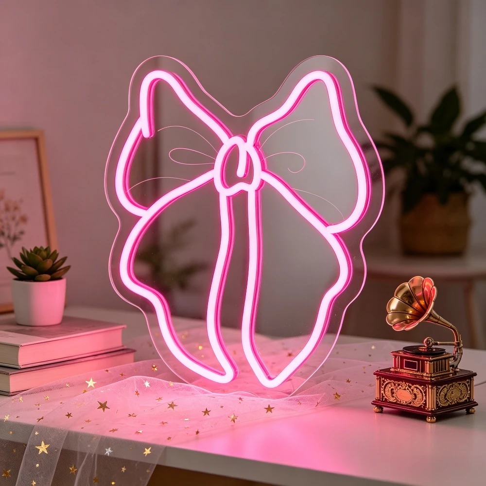 Butterfly Bow Neon Sign Dimmable USB Wall Light for Girls Bedroom Vanity Princess Room Makeup Salon Wedding Birthday Party Decor