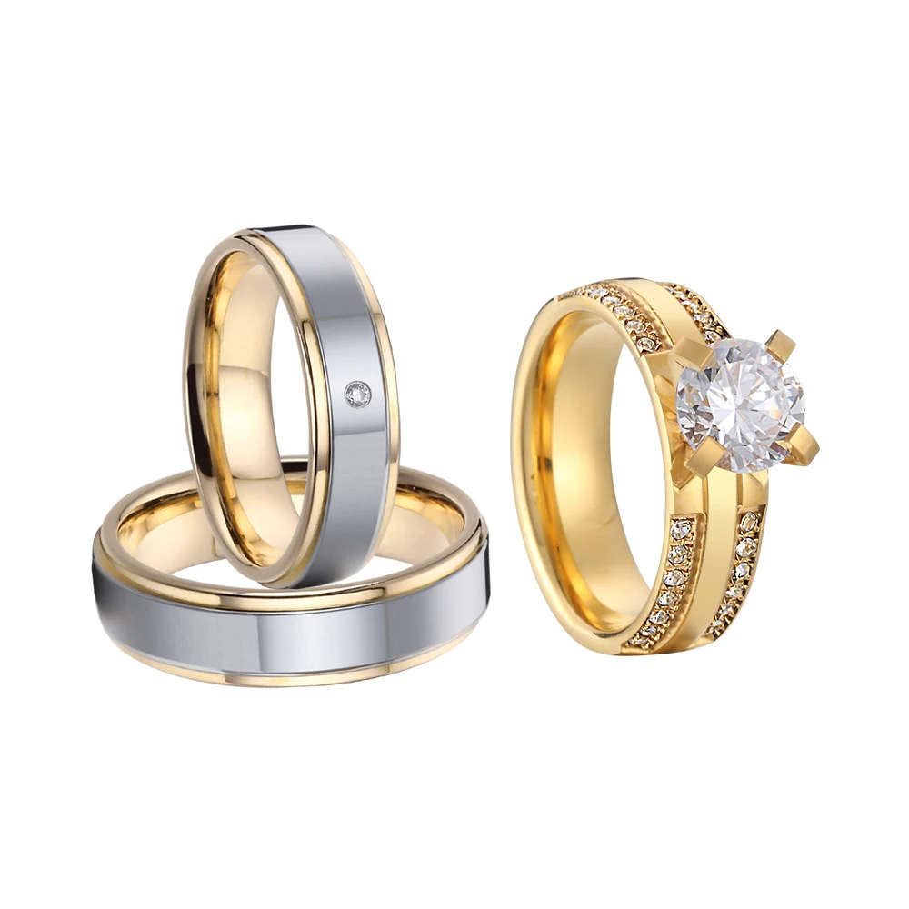 

Beautiful 3pcs Wedding Engagement Rings Sets Couples 14k Gold Plated Bridal Jewelry Ring bague en acier inoxydable