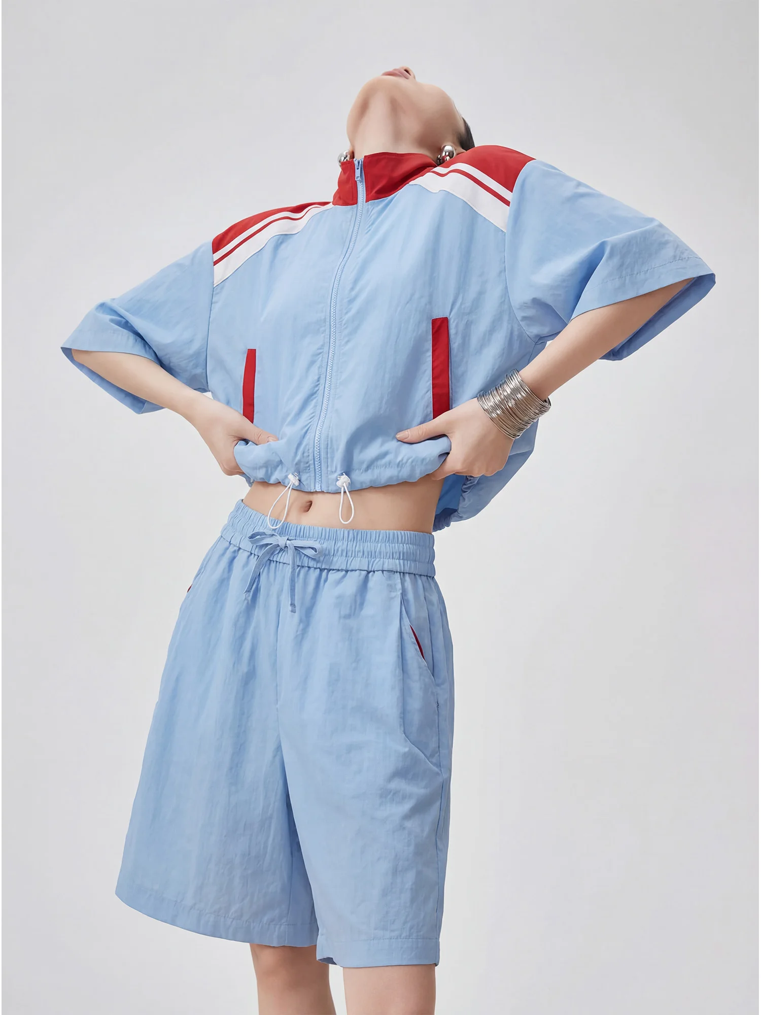 

Color Block UV Protection Clothing Drawstring Short Sleeve Shorts Set Women's Loose Fit Sporty Style Two Piece Set Summer