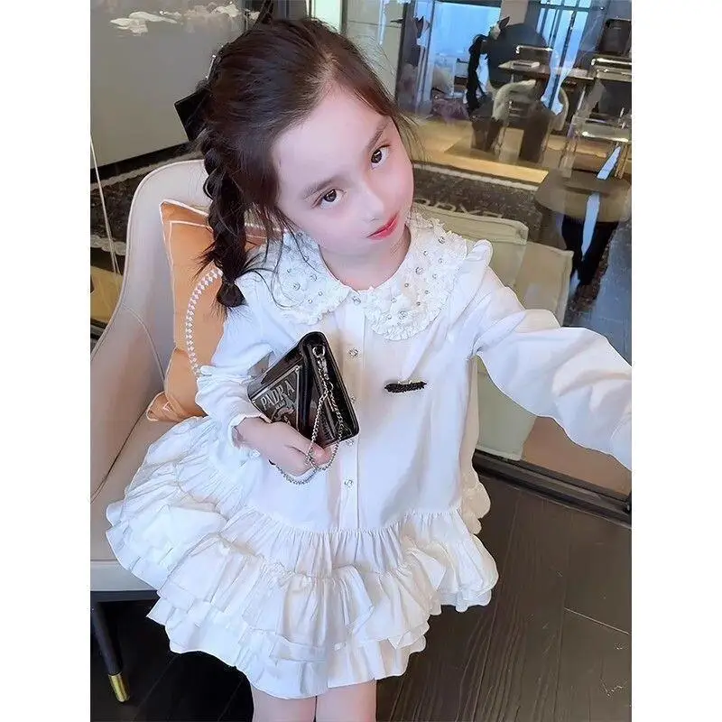 

Kawaii модное платье с лацканами для девочек, студенческое весенне-осеннее повседневное платье принцессы с длинными рукавами и героями мультфильмов, топы, детская одежда