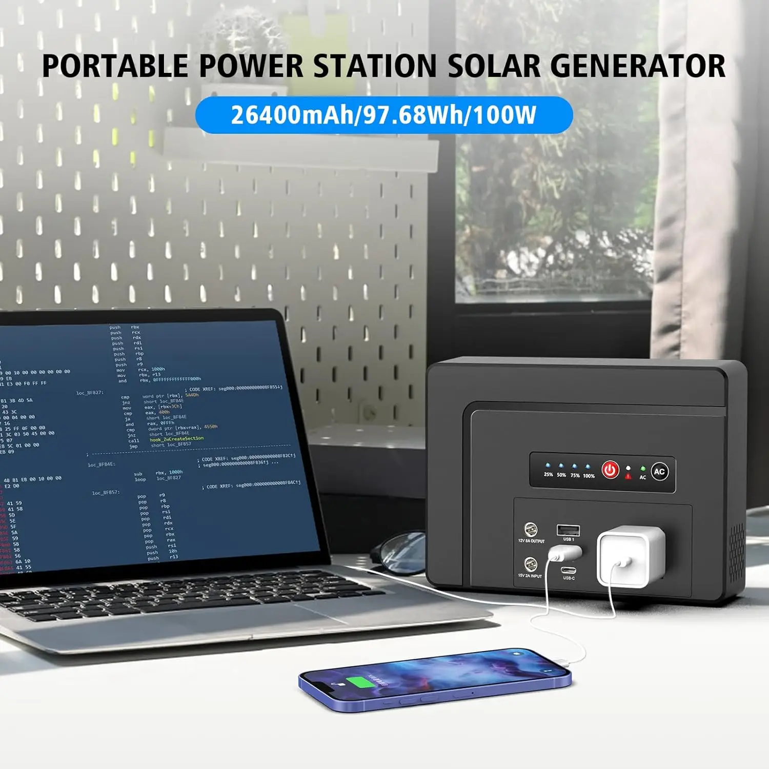 Batterie Externe Portable 100W/97.68Wh, Générateur avec Prise Secteur, 26400mAh, Rapide avec PD65W USB