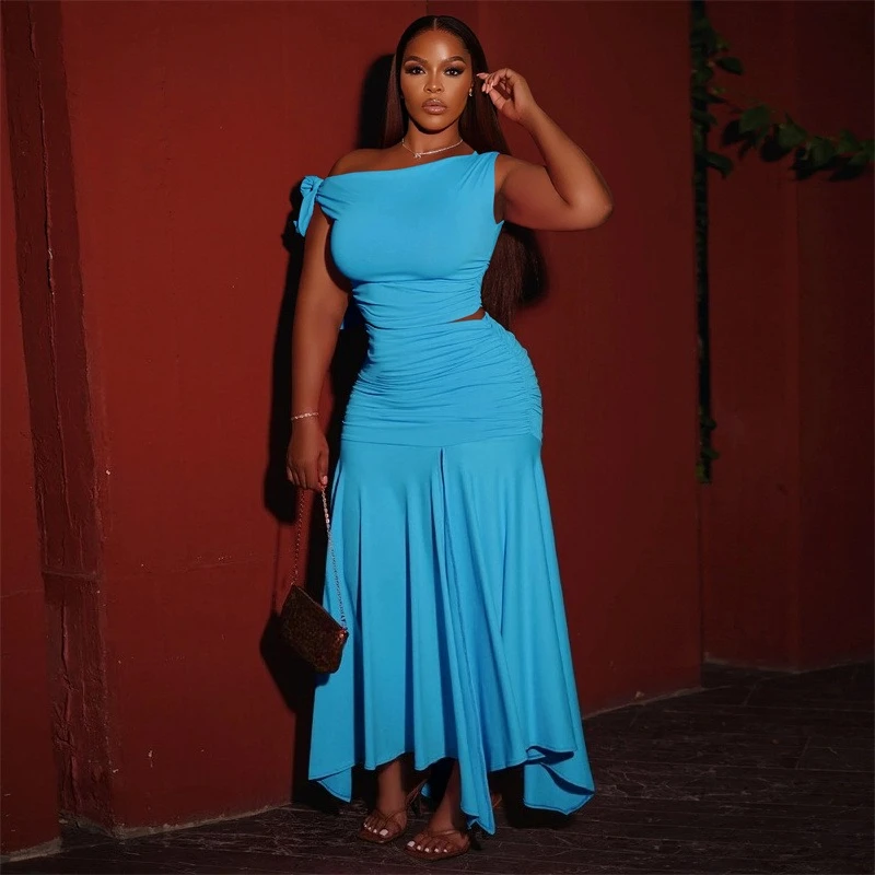 

Doyerl Elegant Birthday Outfits for Woman 2 Piece Set Party Club Skew Collar Lace-up Crop Top and A-line Skirt Matching Sets
