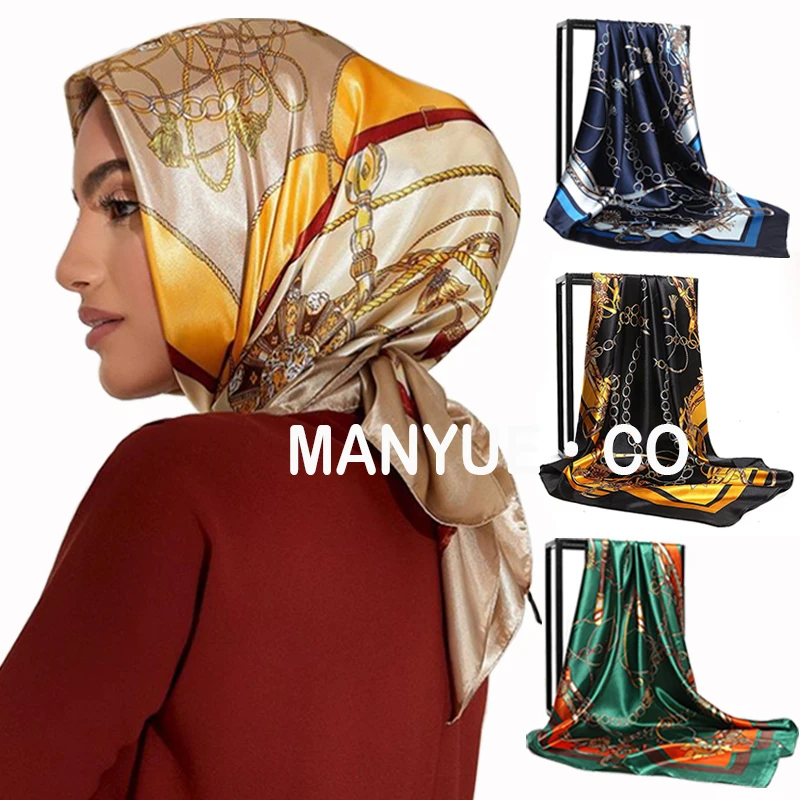 90*90cm Foulard carré en soie pour femme, marque de luxe, en Satin, Hijab, châles imprimés, Bandana, bandeau