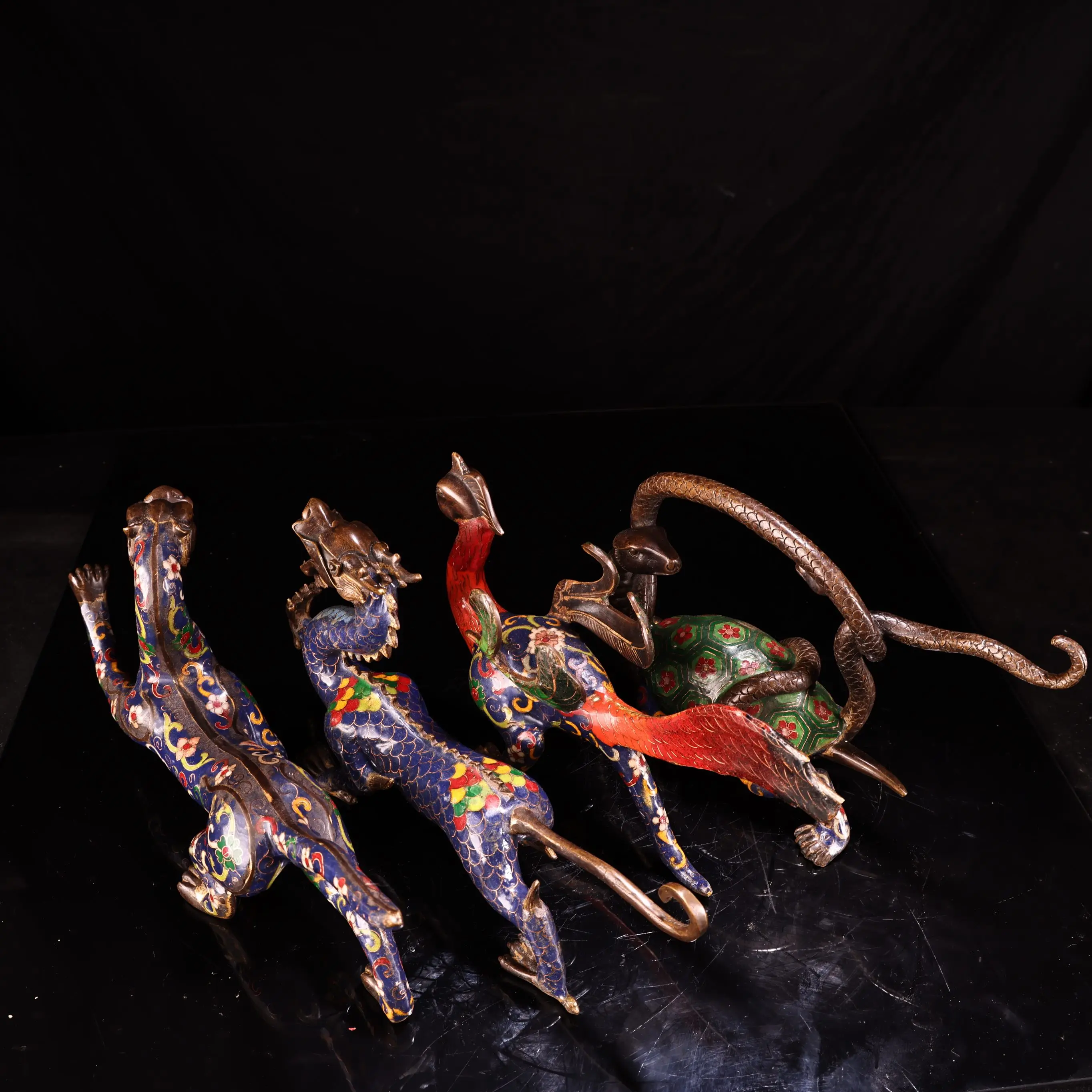 

13"Old Bronze Cloisonne Enamel Lotus pattern Four sided divine beast Azure Dragon Tiger StatueAmass wealth Ornaments Town house