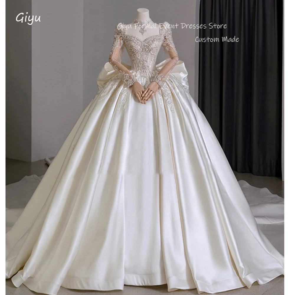 Giyu Luxury Ball Gown Satin Wedding Dresses Korea Long Sleeves Applique Lace Bowknot Royal Bridal Gowns 2024 Customized