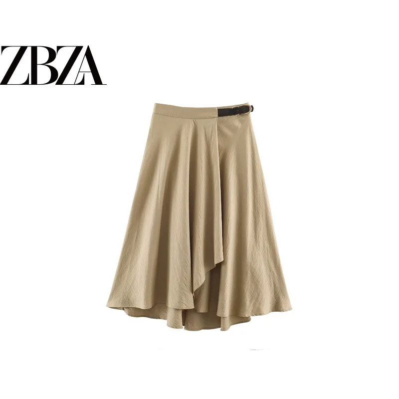 Fashionable Versatile Asymmetrical Buckle Decoration Midi Skirt for Women Standard Fit Polyester Hand Ironed Pleats