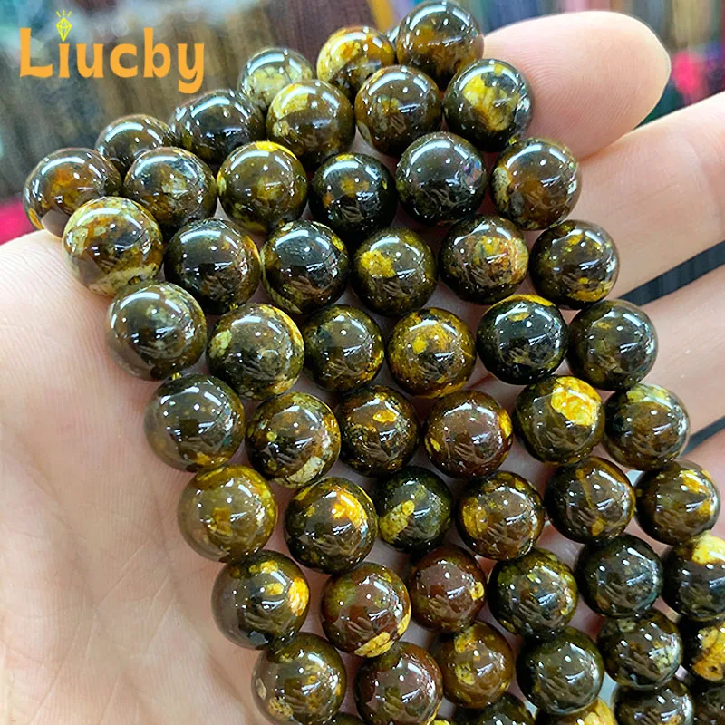 Natural Stone yellow Three Life Smooth Beads for Jewelry Making DIY Rings Bracelets Earrings Accessories 15\