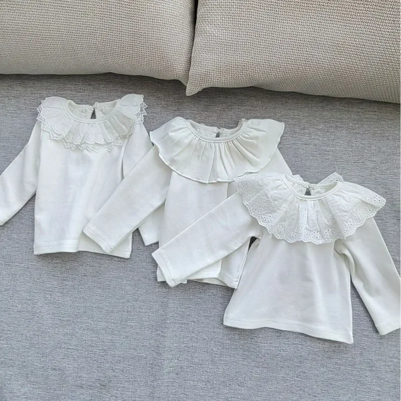 Boutique Korean Spring and Autumn Baby Girls 100% Cotton Long Sleeve T-shirts Cute Lace Lapel White Base Shirt Toddler Tees 0-3y