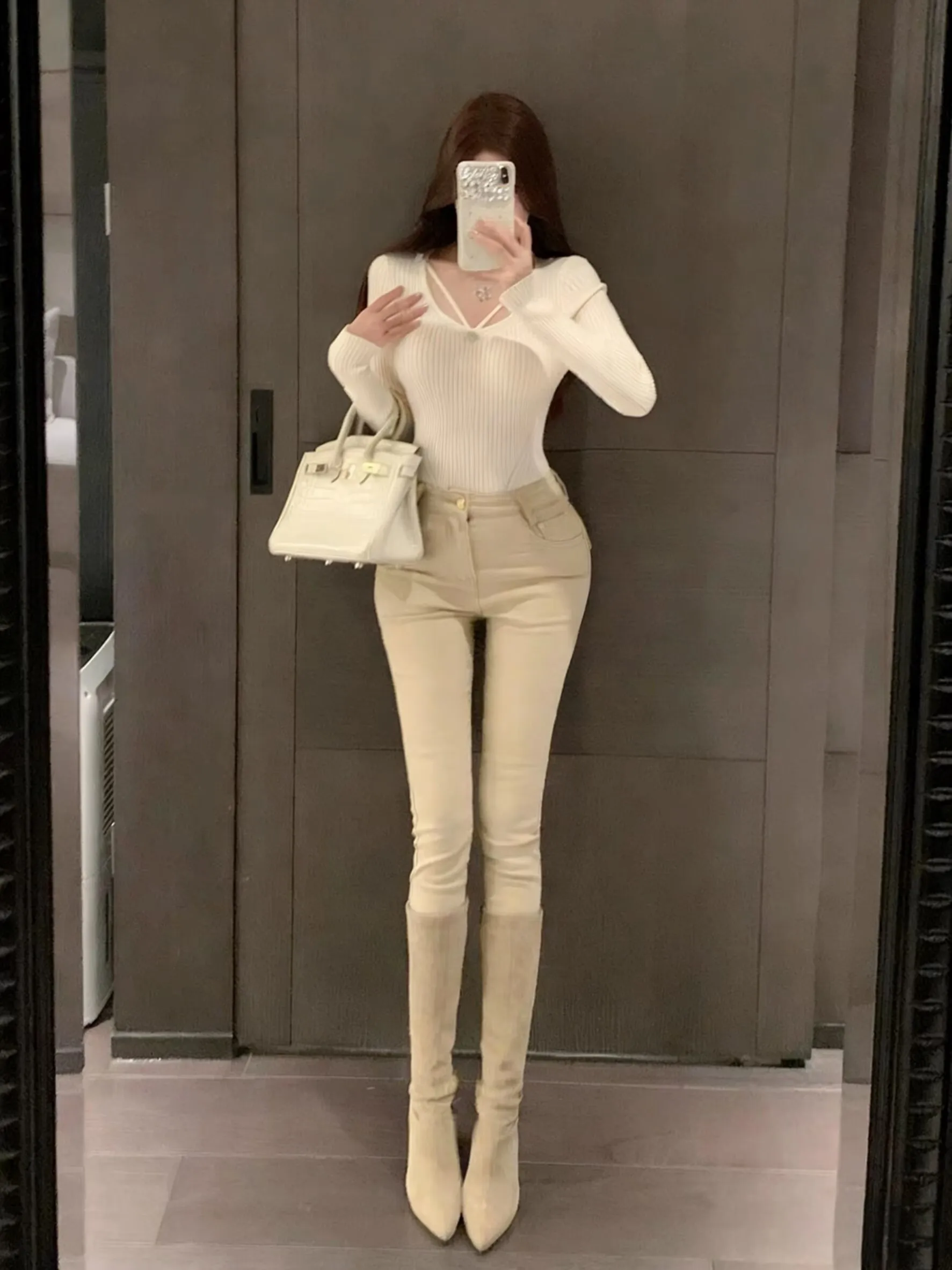 

Khaki Color Slim Fit High Waist Denim Pants Women's Pure Desire Sle Versatile Cotton Stretchy Long Trousers for Ladies