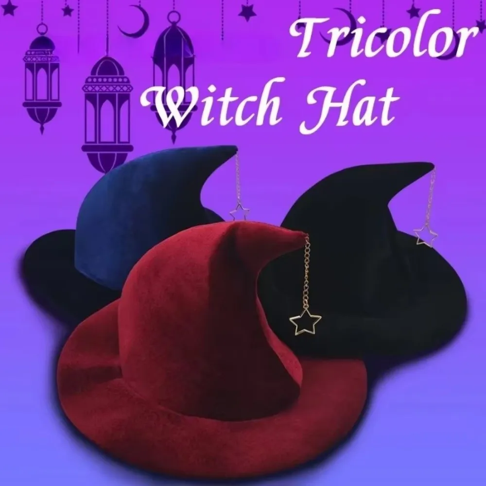 Portable Solid Color Witch Hat Star Pendant Foldable Wool Bucket Hat Wizard Cap Korean Style Halloween Hat Girl