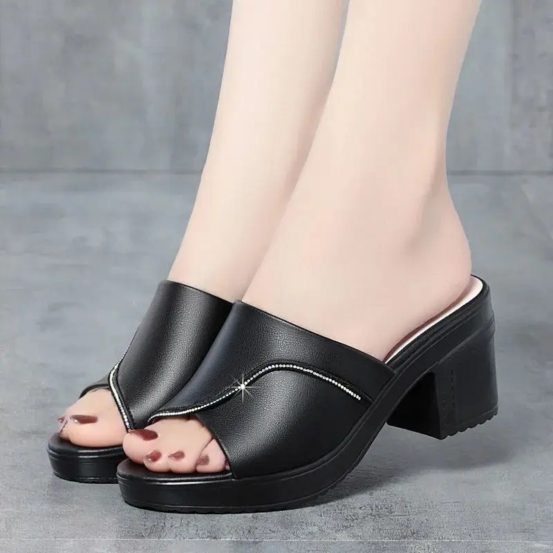 Women Summer New High-heeled Waterproof Platform Sandals Thick-heeled Bright Soft Leather Solid Fish Mouth Casual Slippers